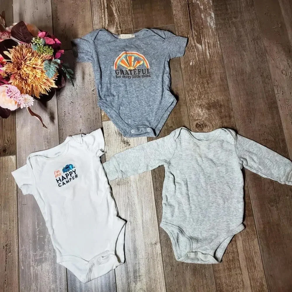 Baby Boy Casual Top Bundle - 3 Bodysuits - Gray White - Happy Camper & Grateful